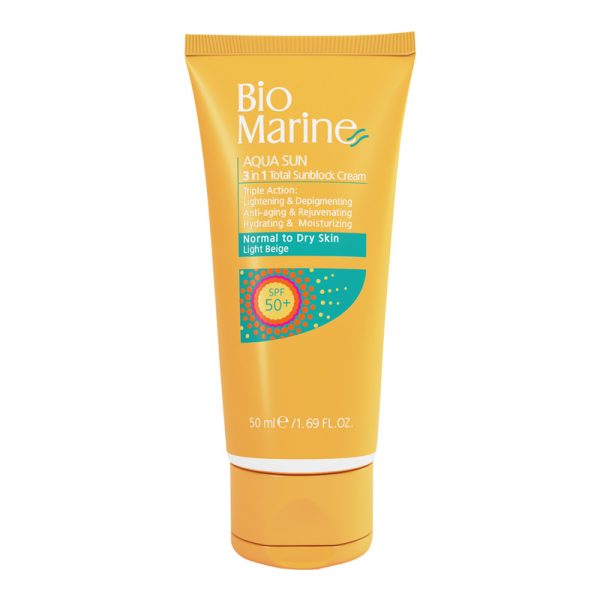 bio-marine.com-p-3-in-1-total-sunblock-cream-dry-skin-SPF50-01-600x600 بایومارین کرم ضدآفتاب روشن کننده و ضد چروک بژ روشن مناسب پوست های معمولی و خشک SPF 50 - Image 1